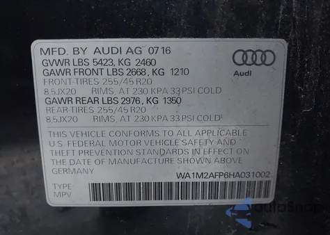 2017 Audi Q5 2.0T Premium from USA, damaged, VIN WA1M2AFP6HA031002